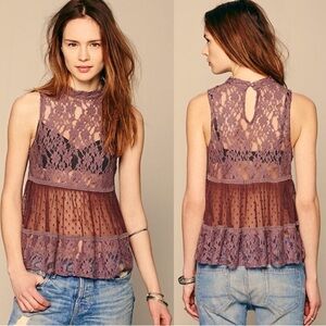 Free People Lady Bird Swing Full Lace High Neck Sleeveless Tiered Med💜EUC